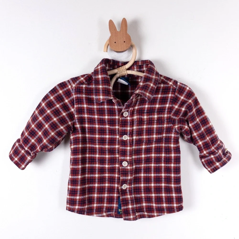 OshKosh B'gosh Flannel Shirt Baby 6-9M Red Navy Blue Plaid Button Front